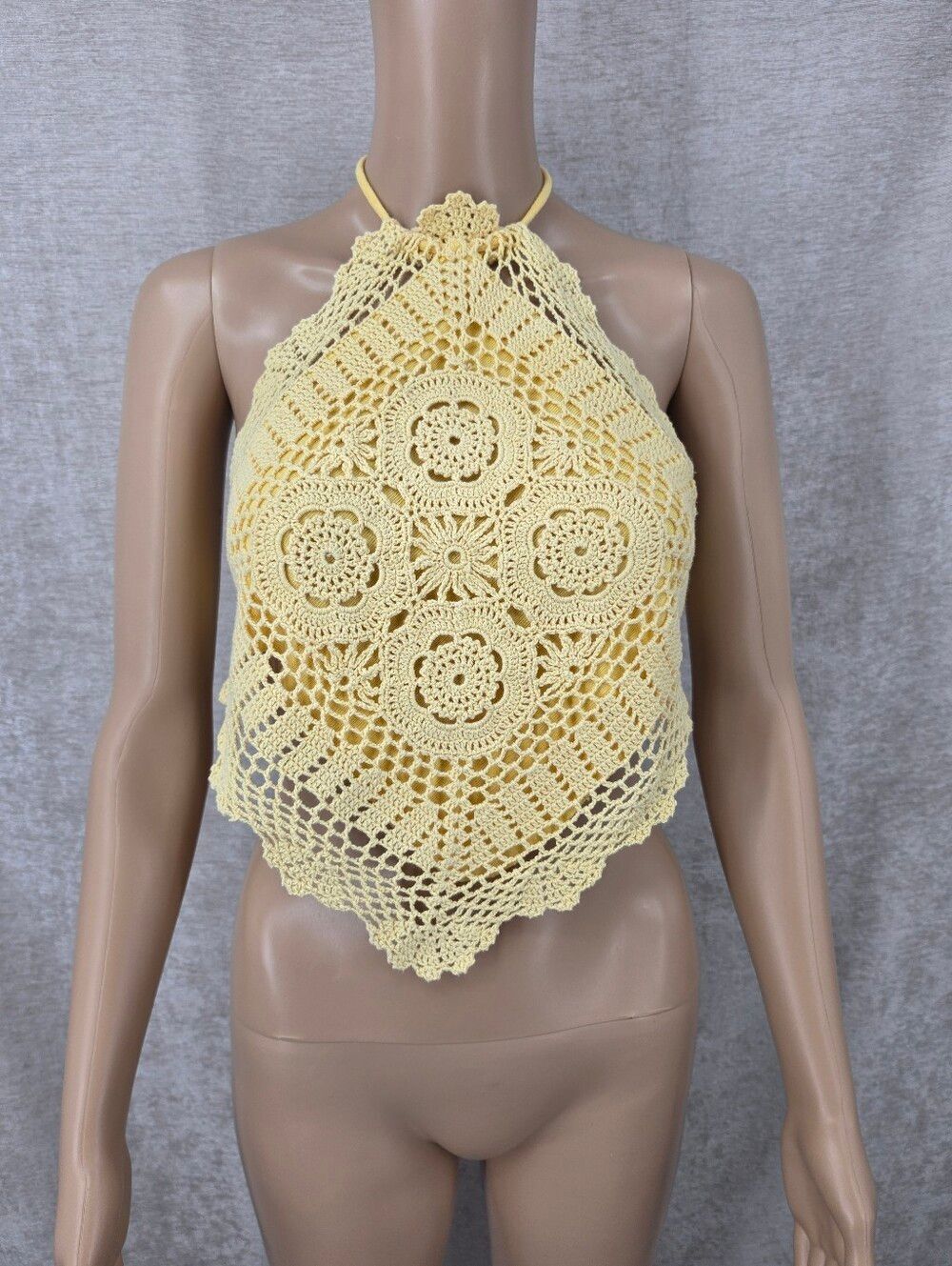 Vintage Yellow Crochet Halter Crop Top Backless String Ties Doiley Cotton